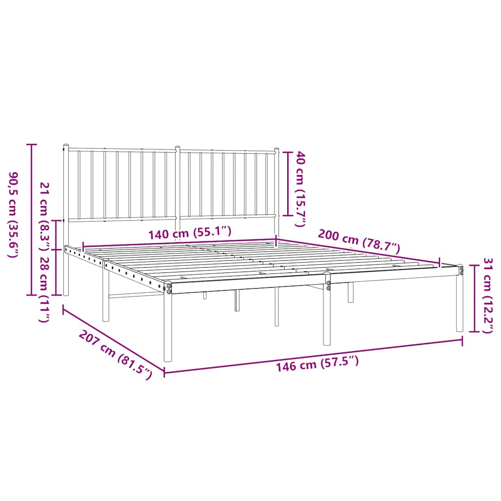 Metal Bed Frame without Mattress with Headboard Black 140x200cm