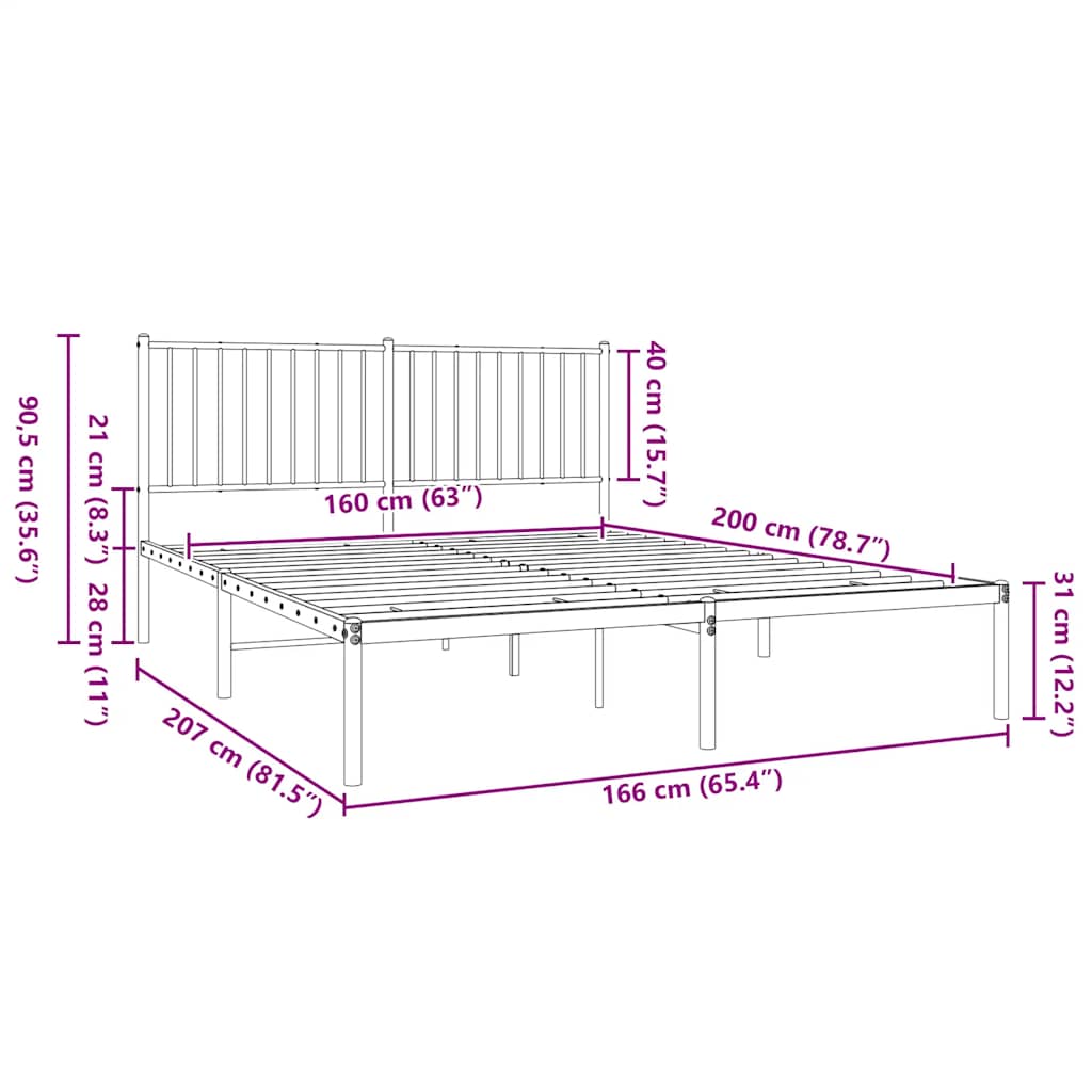 Metal Bed Frame without Mattress with Headboard Black 160x200cm