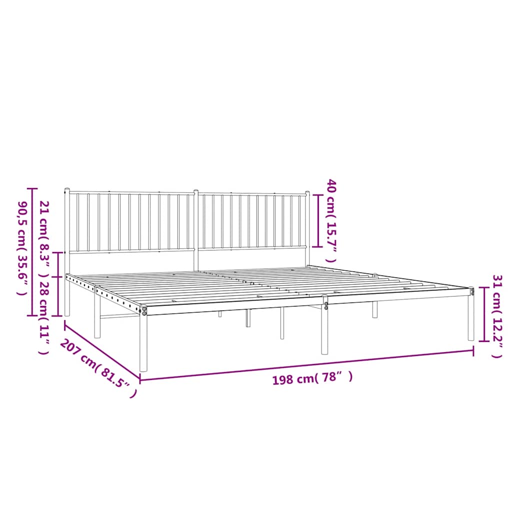 Metal Bed Frame without Mattress with Headboard Black 193x203cm