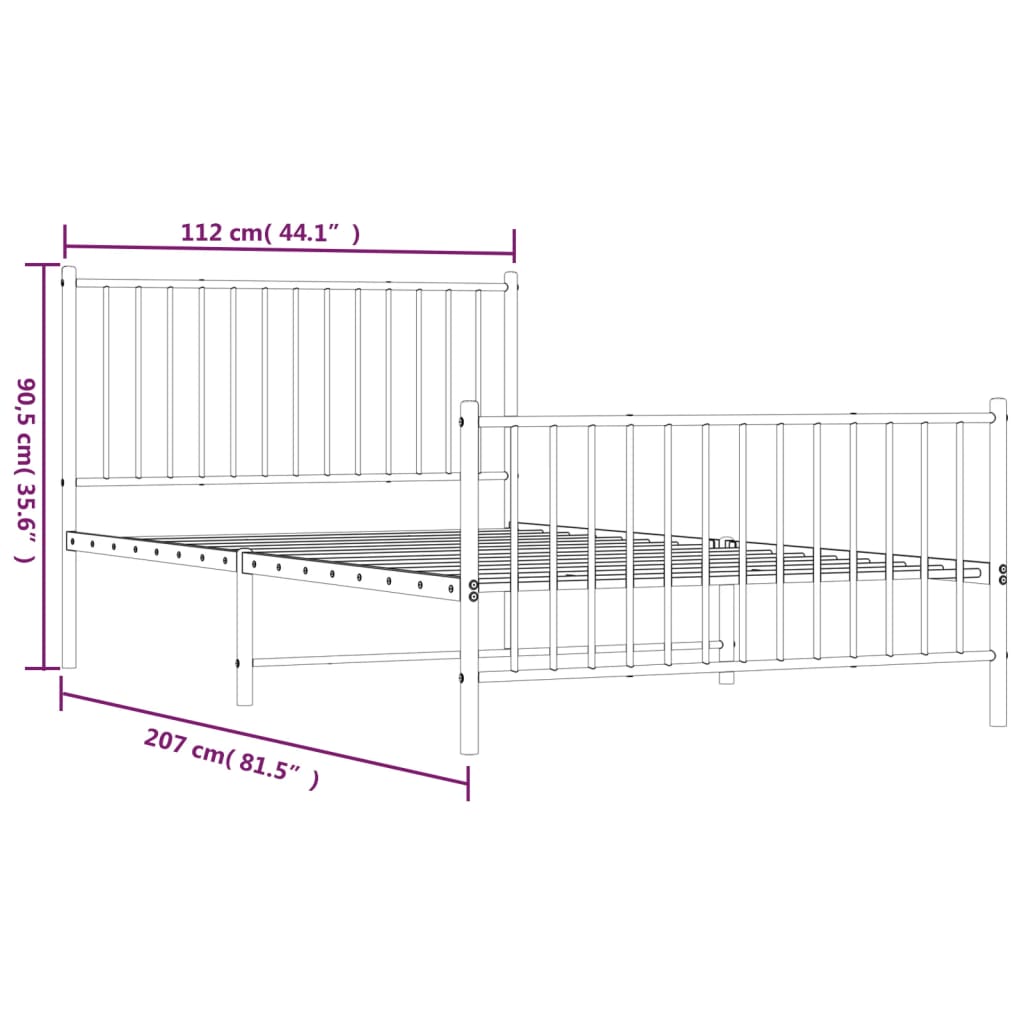 Metal Bed Frame without Mattress with Footboard Black 107x203cm