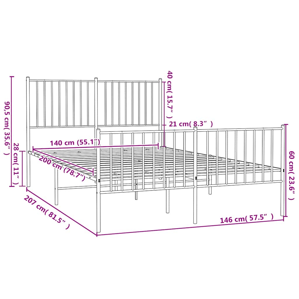 Metal Bed Frame without Mattress with Footboard Black 140x200cm