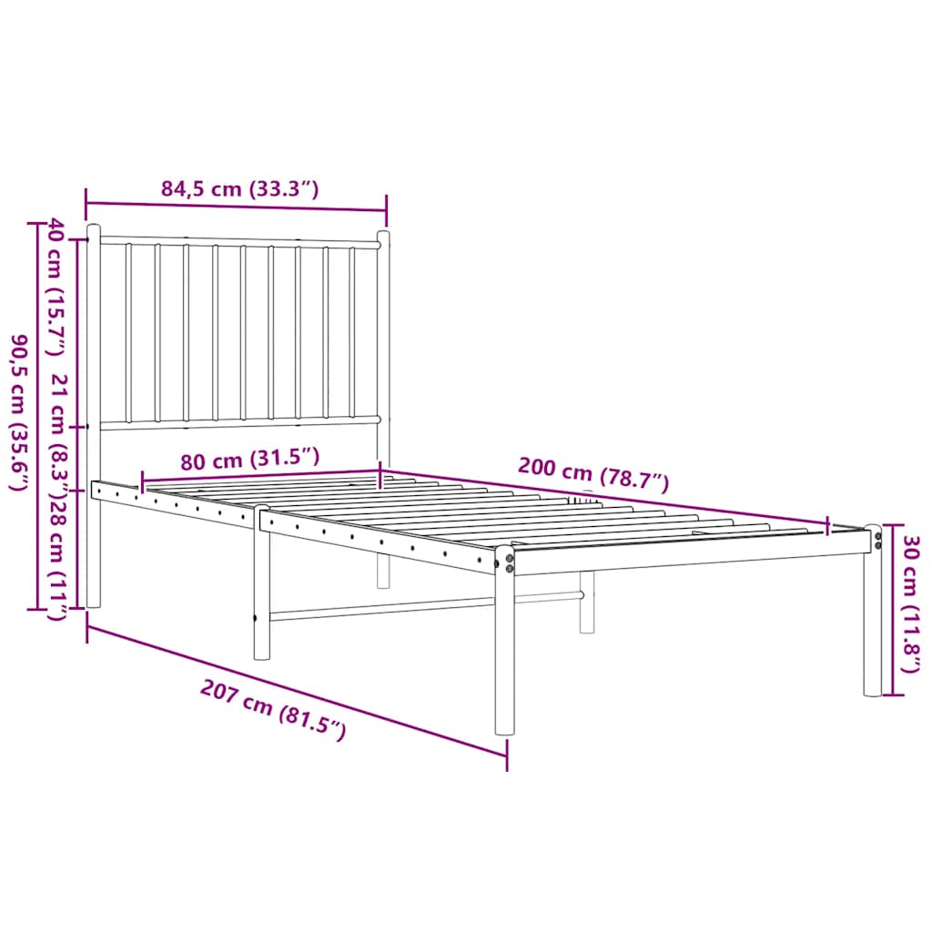 Metal Bed Frame without Mattress with Headboard White 80x200cm