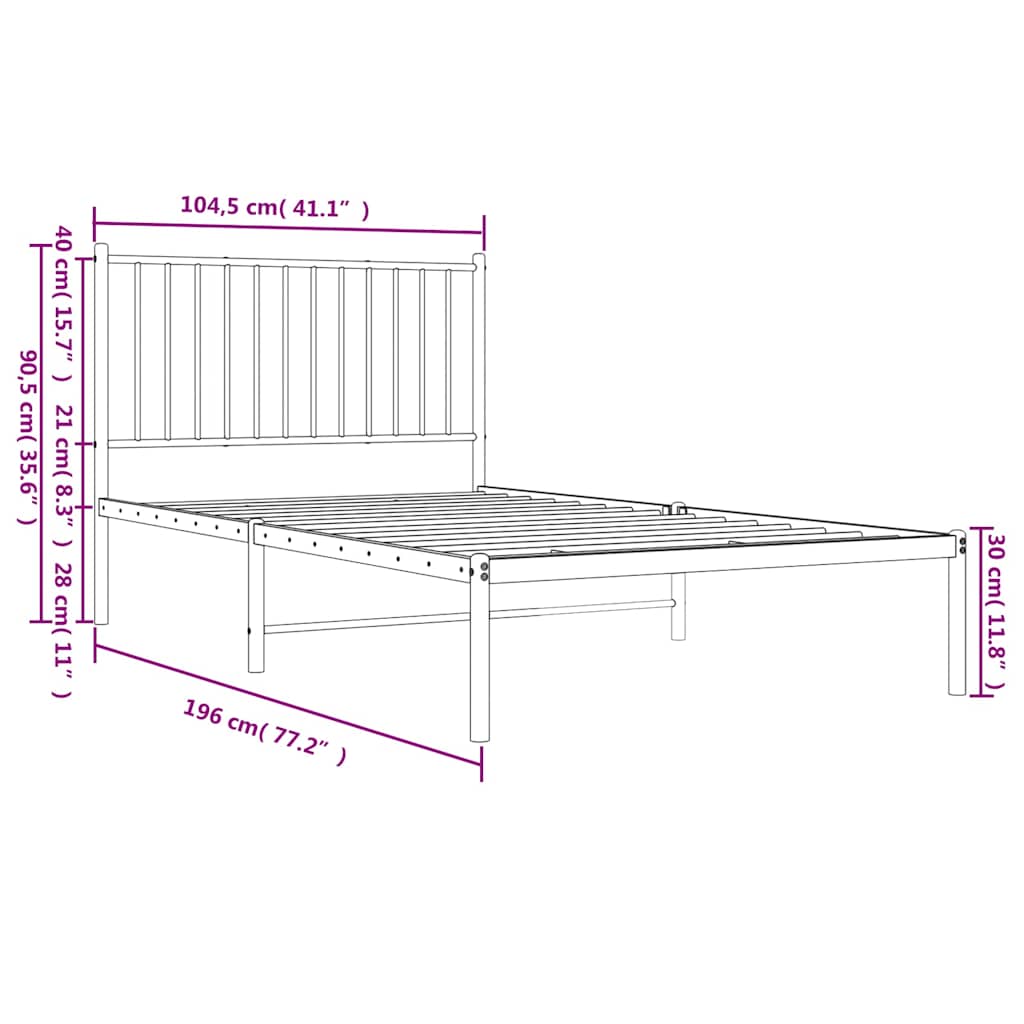 Metal Bed Frame without Mattress with Headboard White 100x190cm