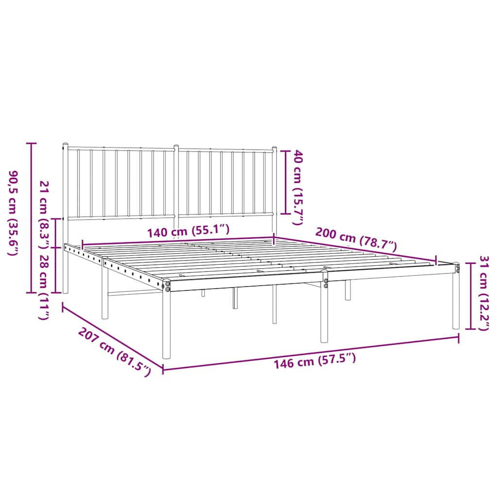 Metal Bed Frame without Mattress with Headboard White 140x200cm