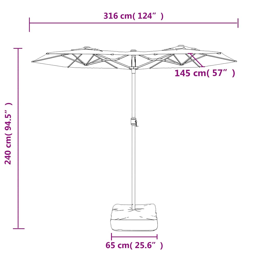 Double-Head Garden Parasol with LEDs Green 316x145 cm