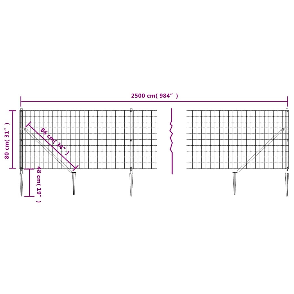 Wire Mesh Fence with Spike Anchors Green 0.8x25 m
