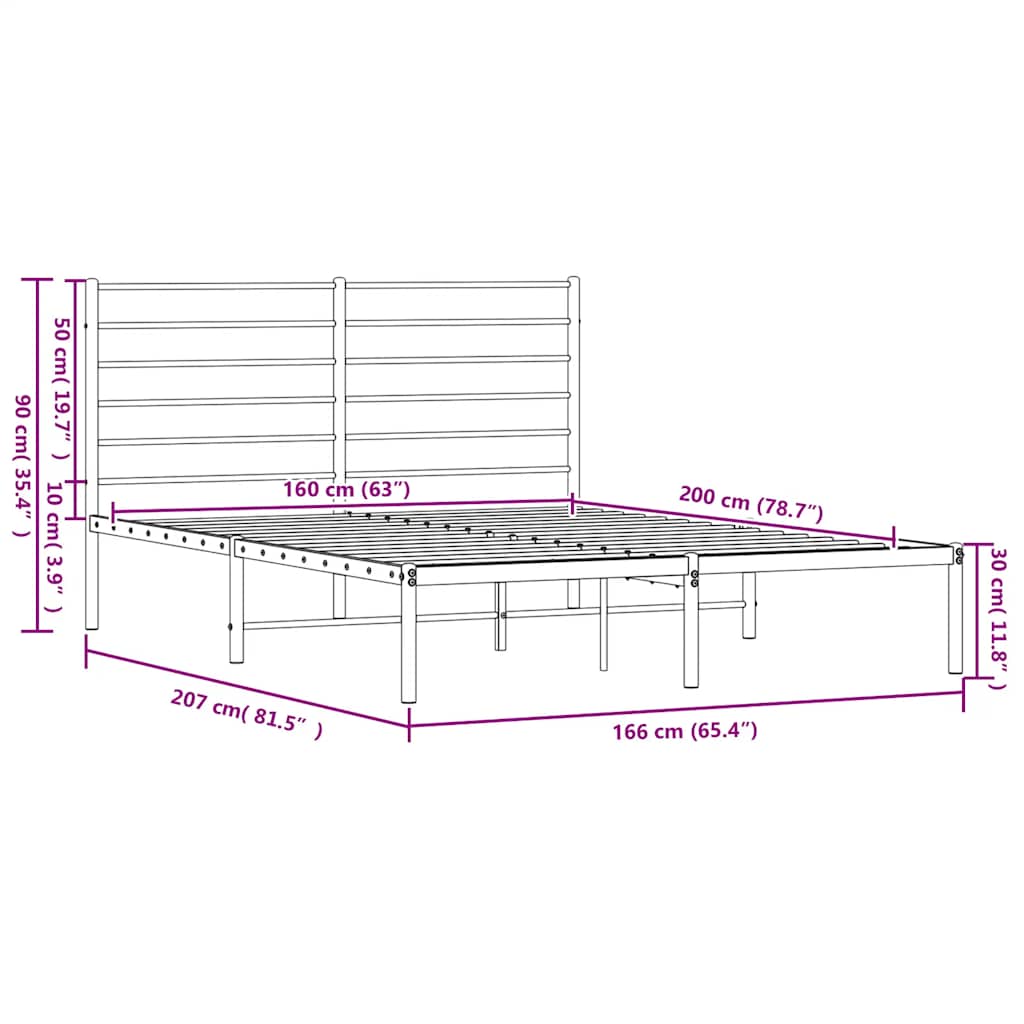 Metal Bed Frame without Mattress with Headboard Black 160x200cm