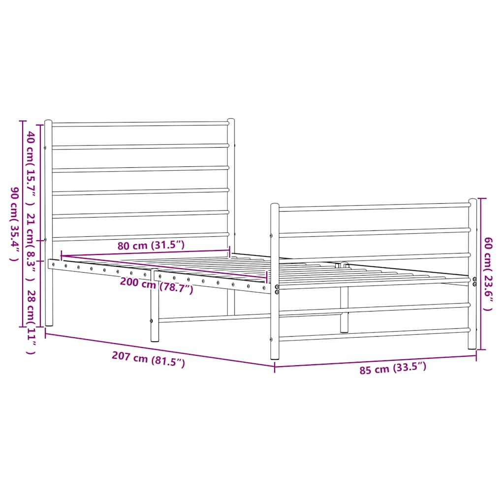 Metal Bed Frame without Mattress with Footboard Black 80x200cm
