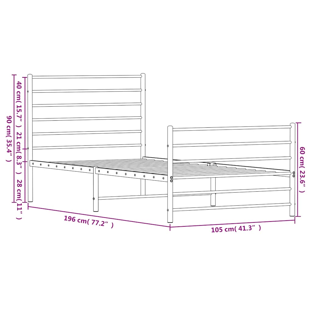 Metal Bed Frame without Mattress with Footboard Black 100x190cm