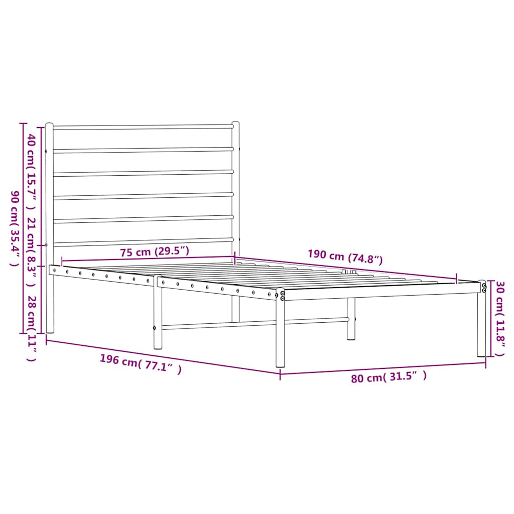 Metal Bed Frame without Mattress with Headboard White 75x190cm