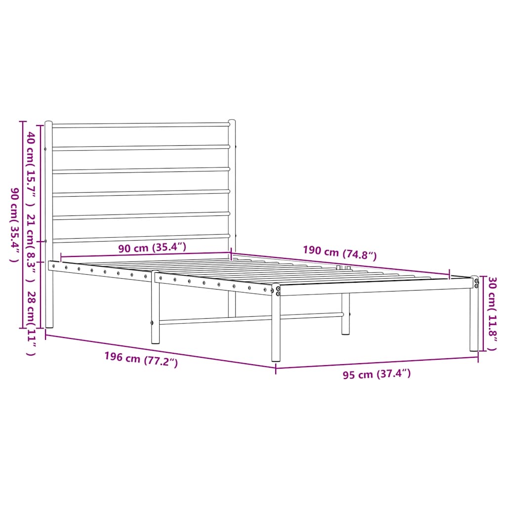 Metal Bed Frame without Mattress with Headboard White 90x190cm