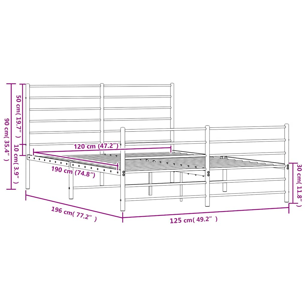 Metal Bed Frame without Mattress with Footboard White 120x190cm