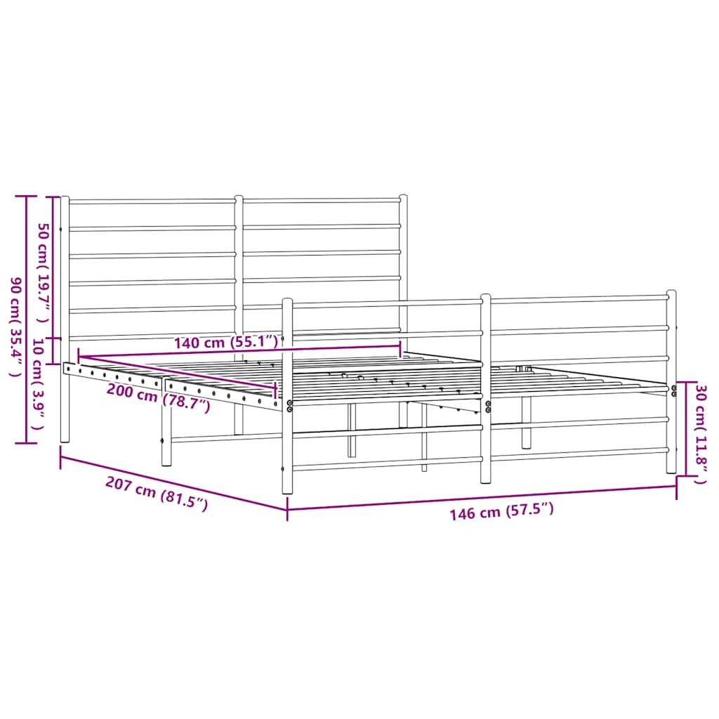 Metal Bed Frame without Mattress with Footboard White 140x200cm