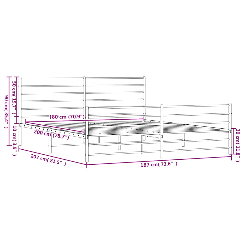 Metal Bed Frame without Mattress with Footboard White 180x200cm