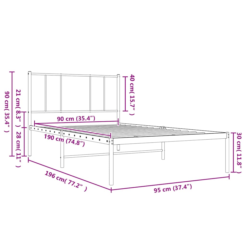 Metal Bed Frame without Mattress with Headboard Black 90x190cm