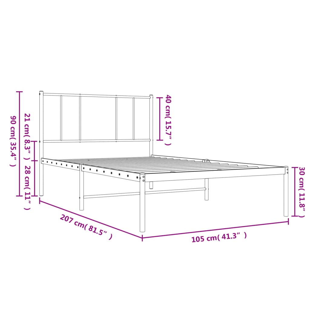 Metal Bed Frame without Mattress with Headboard Black 100x200cm