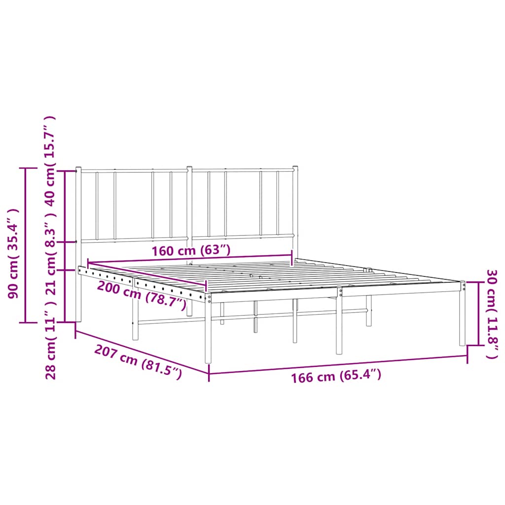 Metal Bed Frame without Mattress with Headboard Black 160x200cm