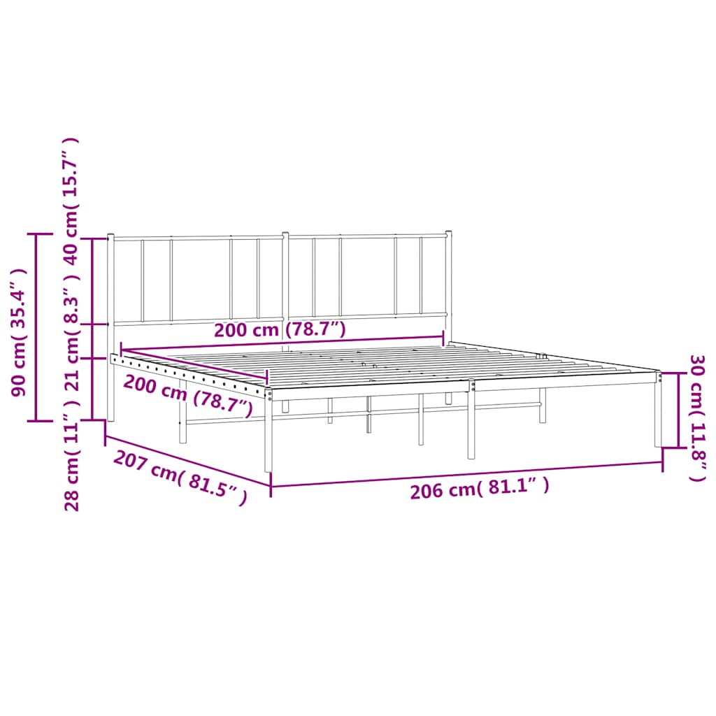 Metal Bed Frame without Mattress with Headboard White 200x200cm