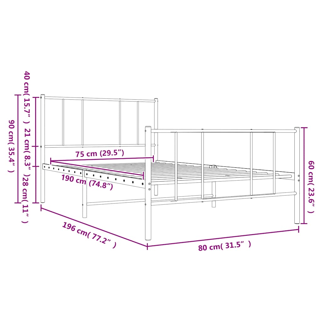 Metal Bed Frame without Mattress with Footboard White 75x190cm