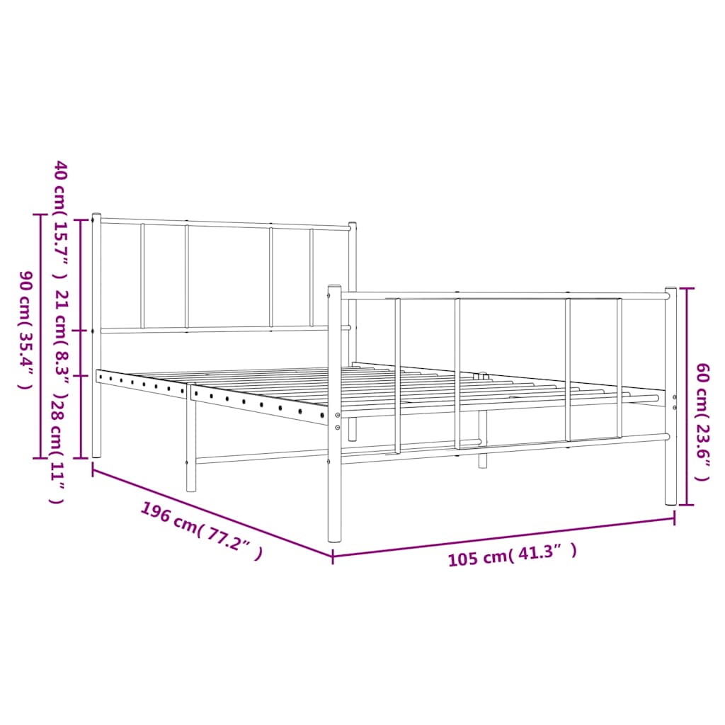Metal Bed Frame without Mattress with Footboard White 100x190cm