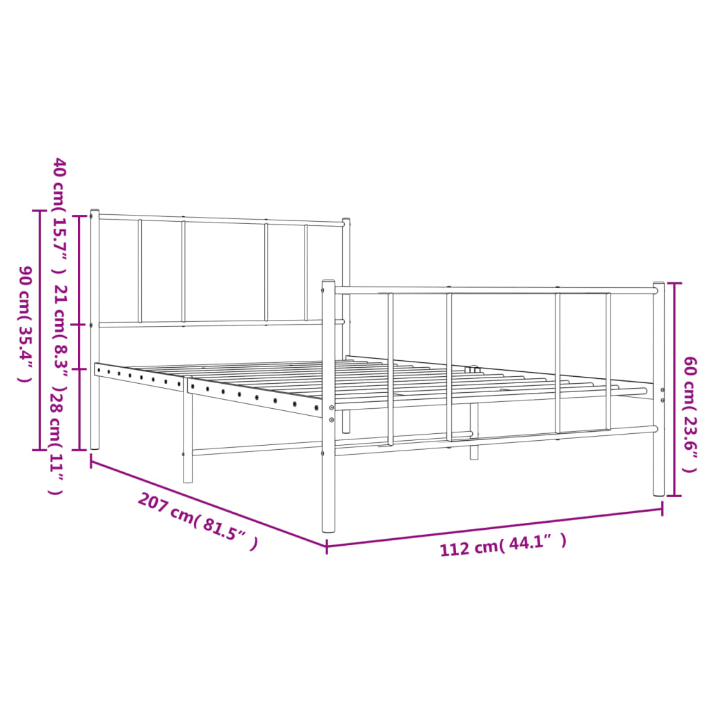 Metal Bed Frame without Mattress with Footboard White 107x203cm