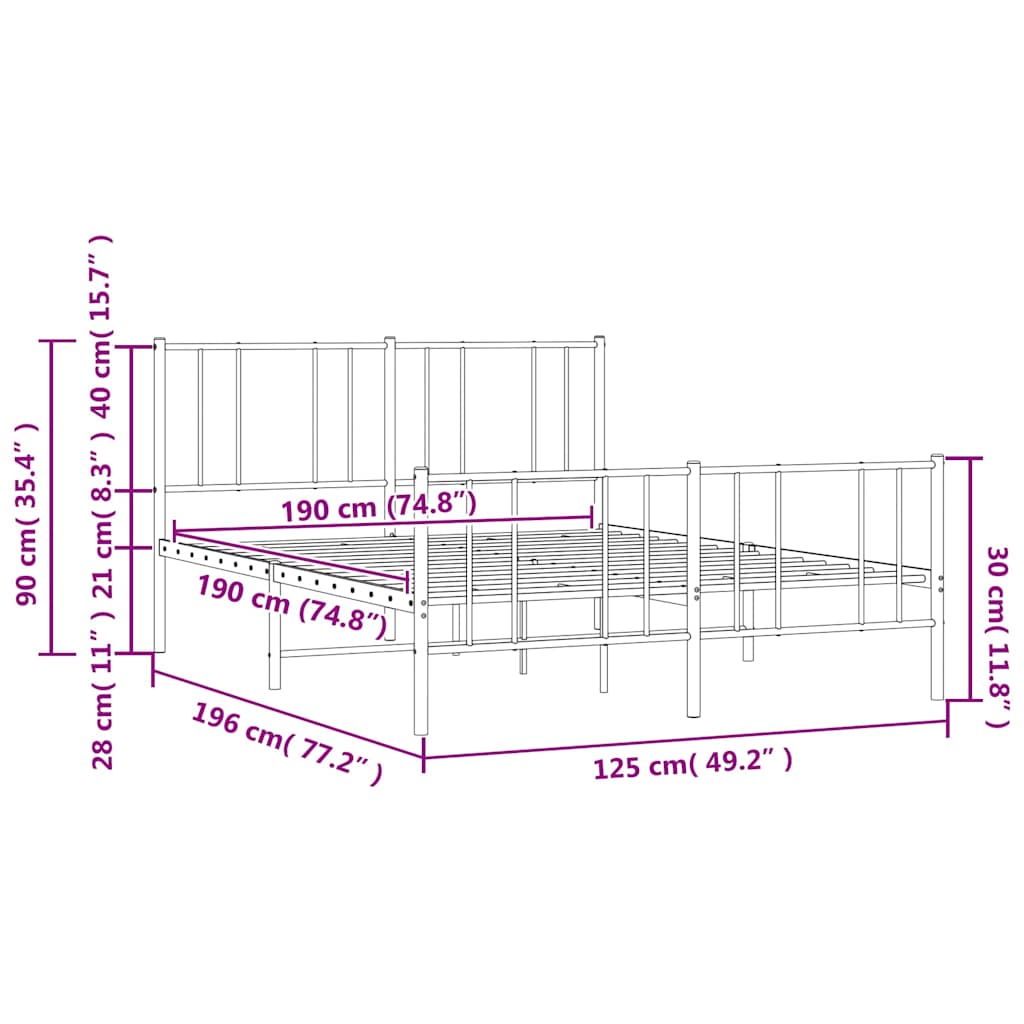 Metal Bed Frame without Mattress with Footboard White 120x190cm
