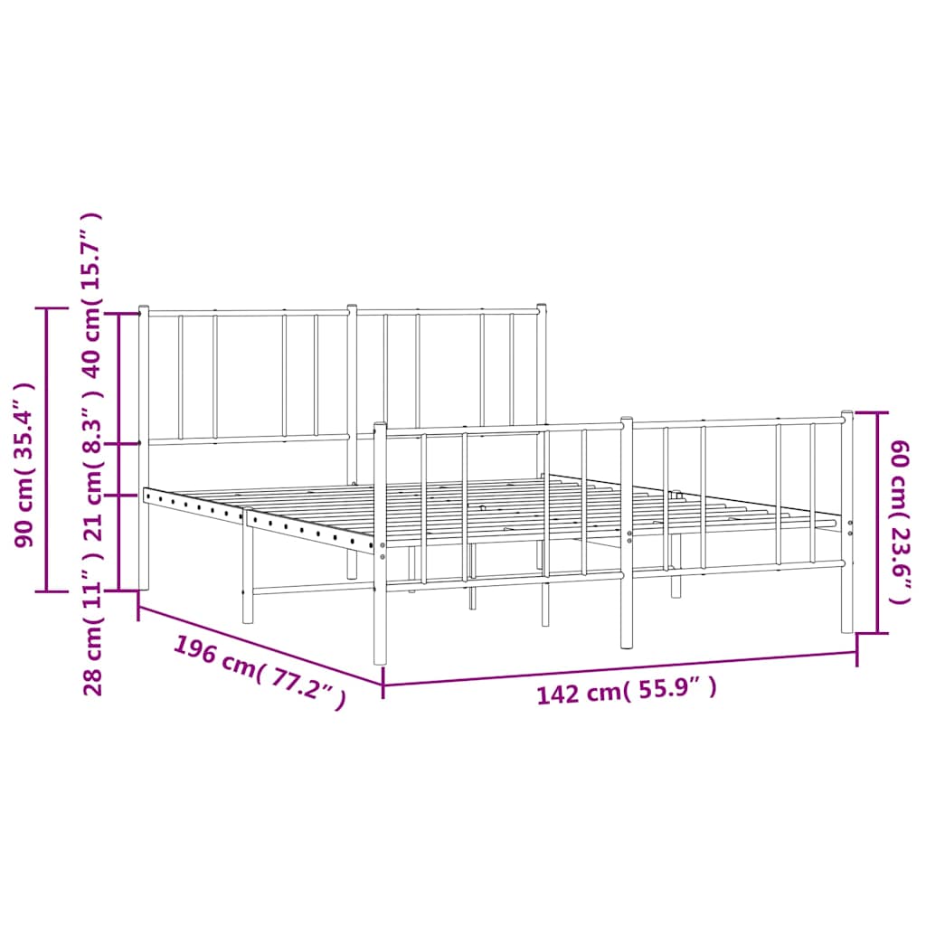 Metal Bed Frame without Mattress with Footboard White 135x190cm