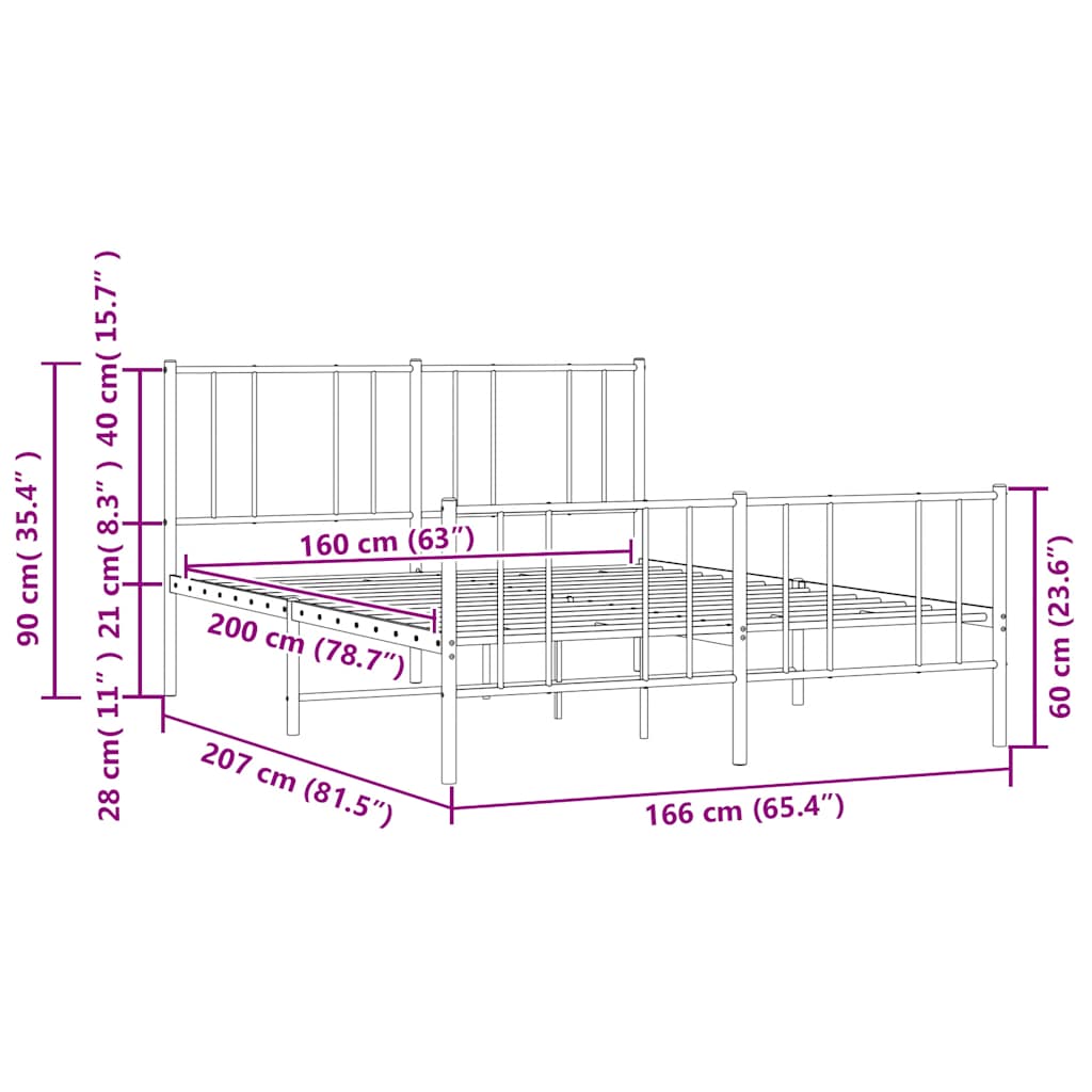 Metal Bed Frame without Mattress with Footboard White 160x200cm
