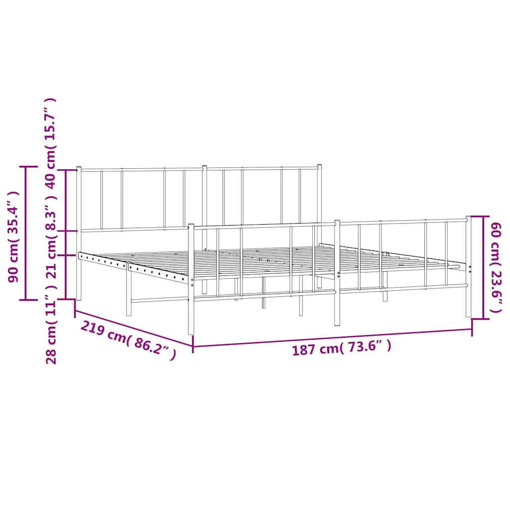 Metal Bed Frame without Mattress with Footboard White 183x213cm