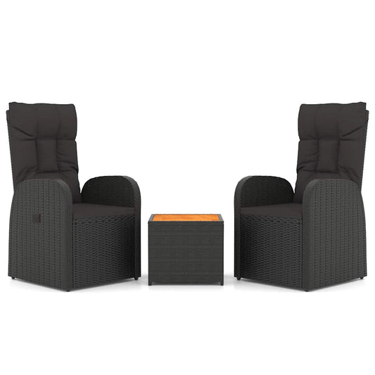 3 Piece Garden Lounge Set Black Poly Rattan&Solid Wood Acacia