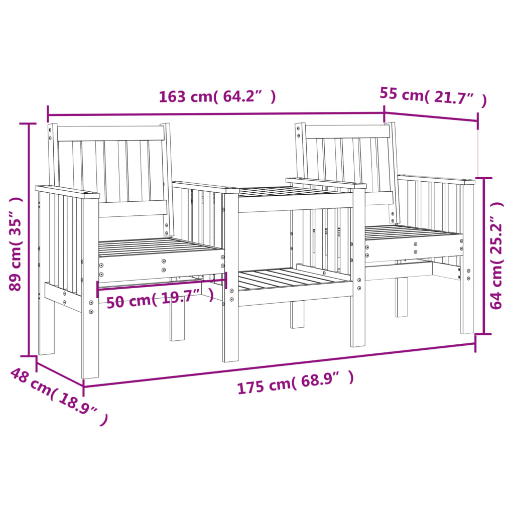 Garden Bench with Table 2-Seater Black Solid Wood Pine