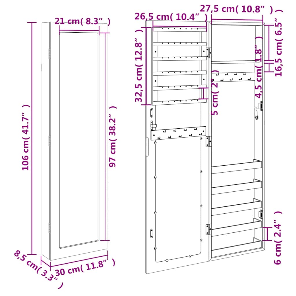 Mirror Jewellery Cabinet Wall Mounted White 30x8.5x106 cm