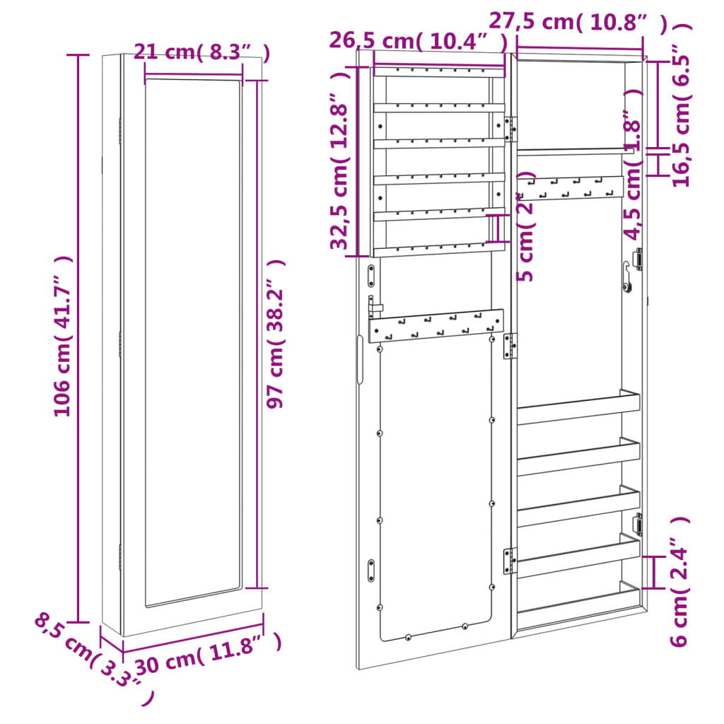 Mirror Jewellery Cabinet Wall Mounted 30x8.5x106 cm