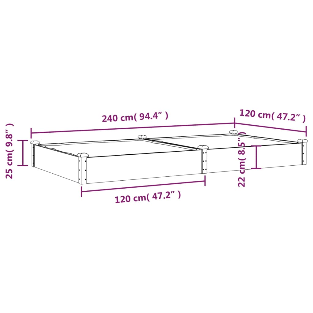 Garden Raised Bed with Liner Brown 240x120x25 cm Solid Wood Fir