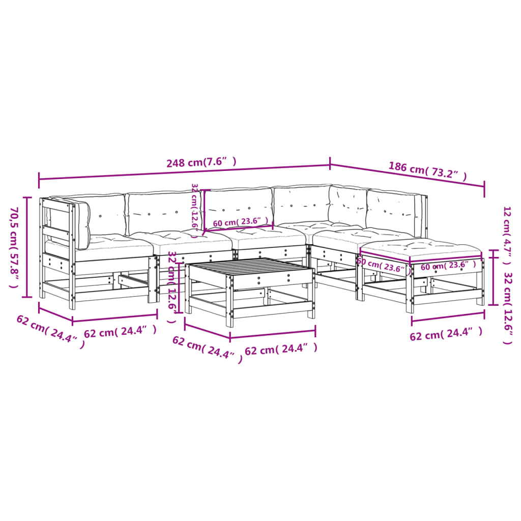 7 Piece Patio Lounge Set with Cushions Solid Wood