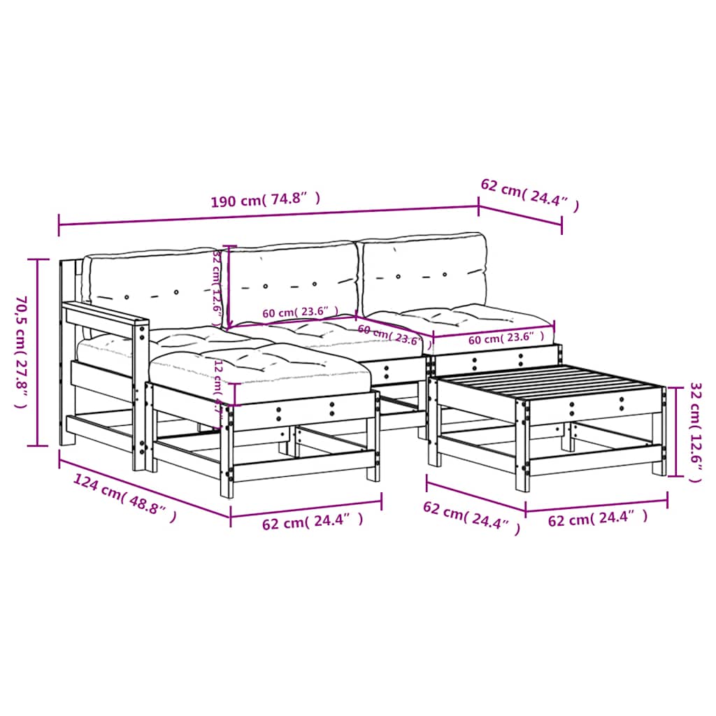 5 Piece Garden Lounge Set with Cushions Grey Solid Wood