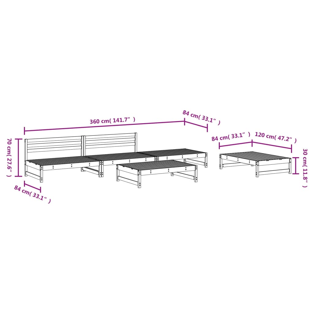 5 Piece Garden Lounge Set Grey Solid Wood Pine