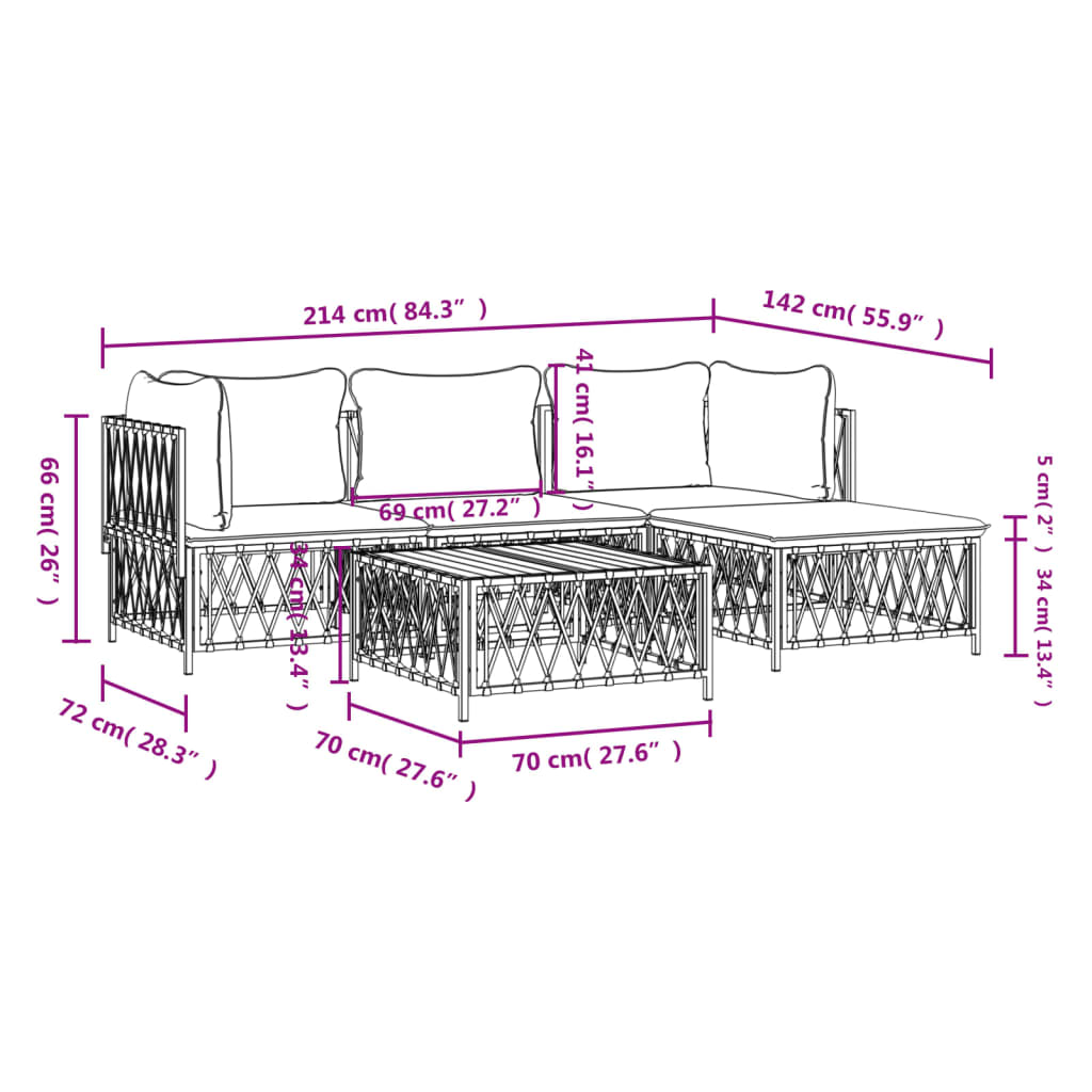 5 Piece Patio Lounge Set with Cushions White Steel
