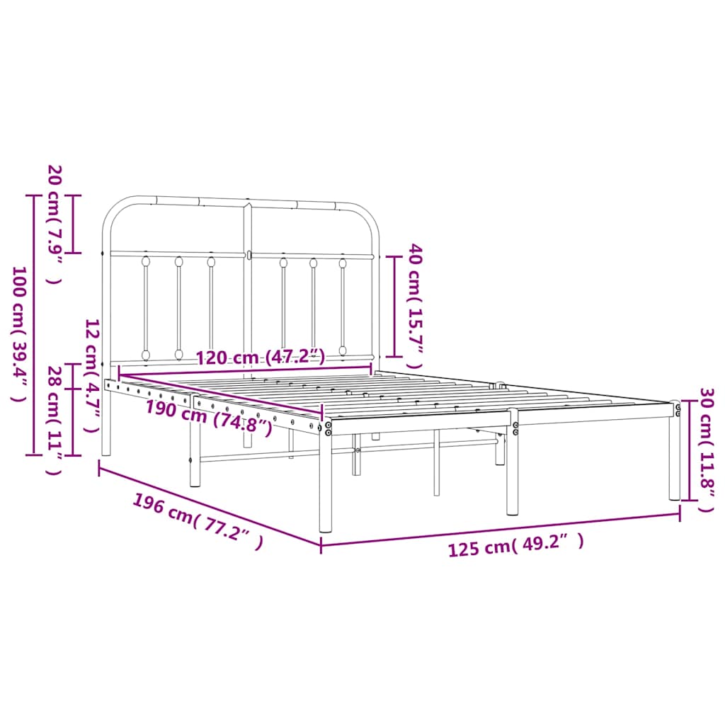 Metal Bed Frame without Mattress with Headboard Black 120x190cm