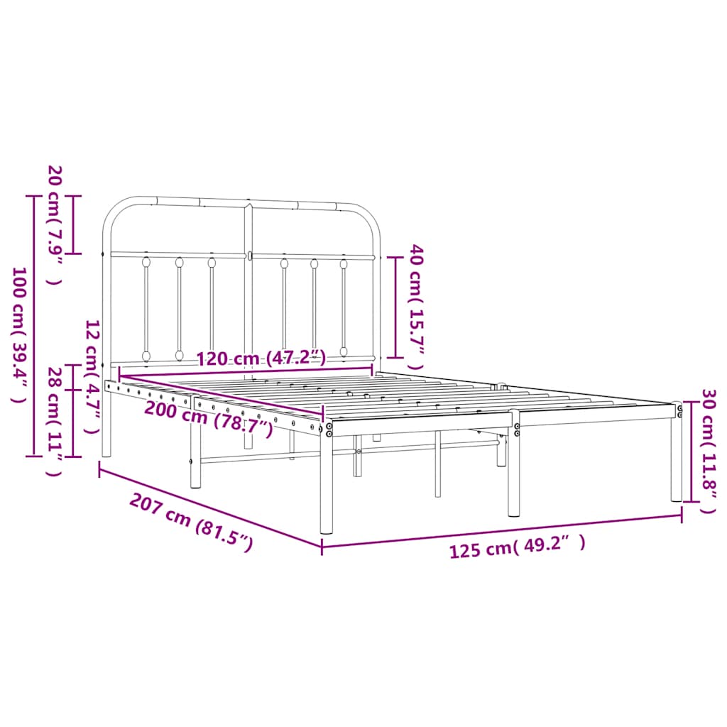 Metal Bed Frame without Mattress with Headboard Black 120x200cm