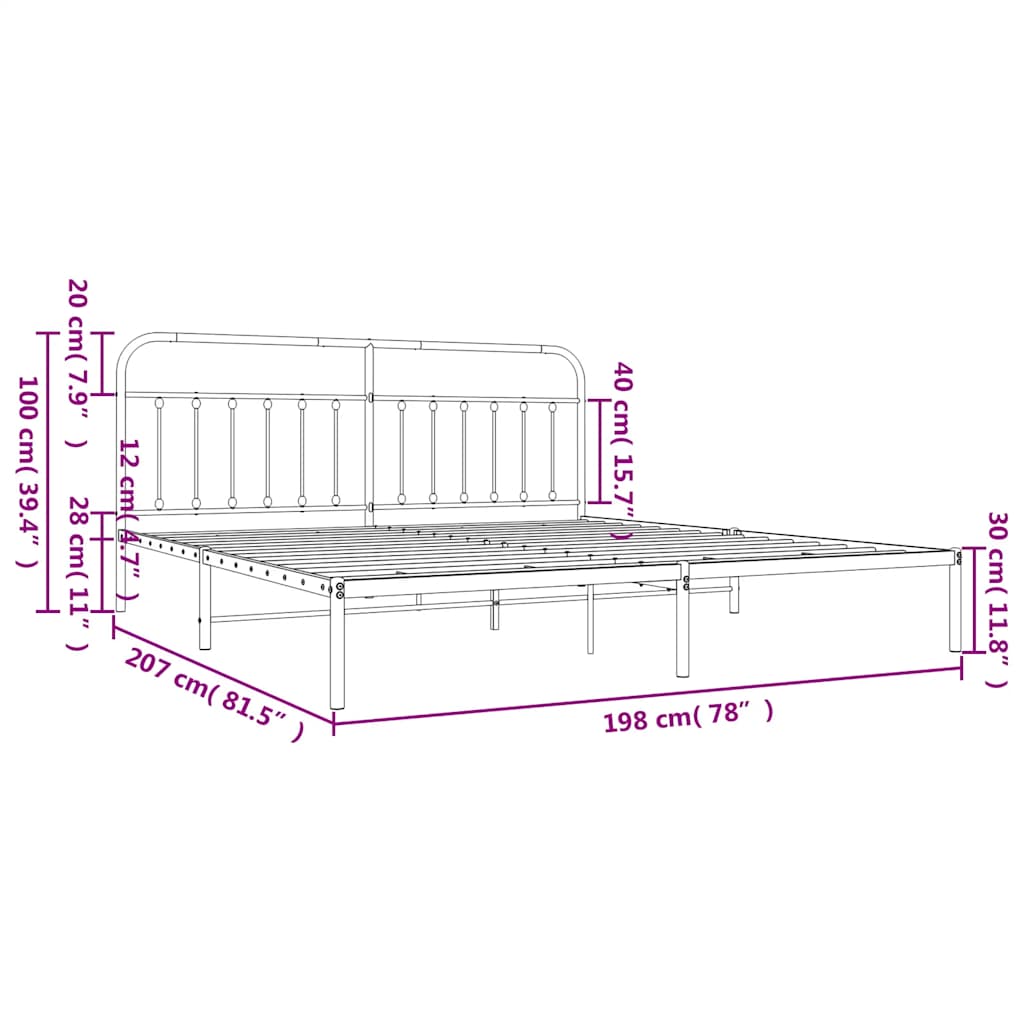 Metal Bed Frame without Mattress with Headboard Black 193x203cm