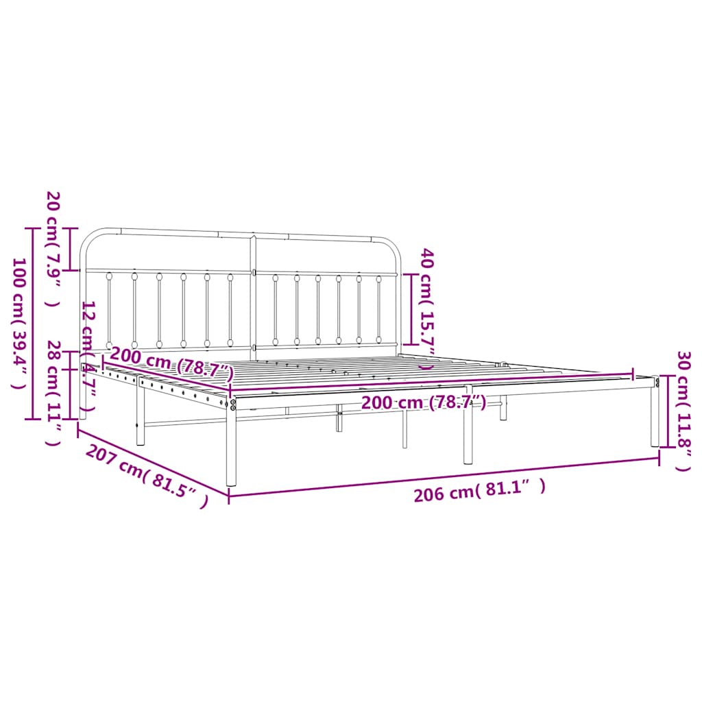 Metal Bed Frame without Mattress with Headboard Black 200x200cm