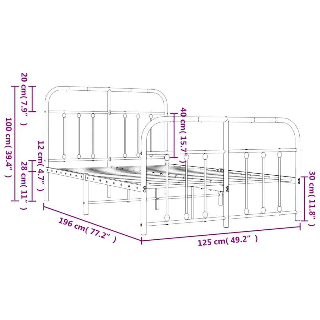 Metal Bed Frame without Mattress with Footboard Black 120x190cm