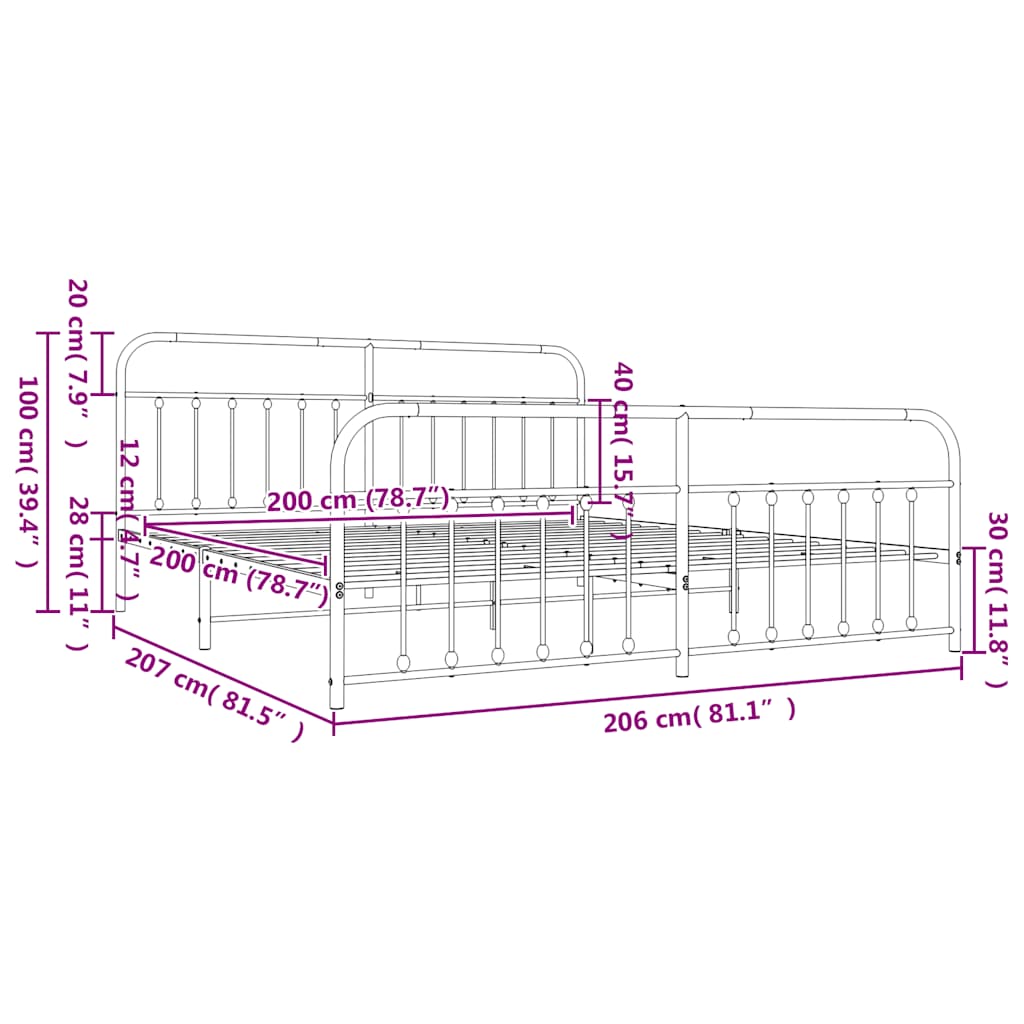 Metal Bed Frame without Mattress with Footboard Black 200x200cm