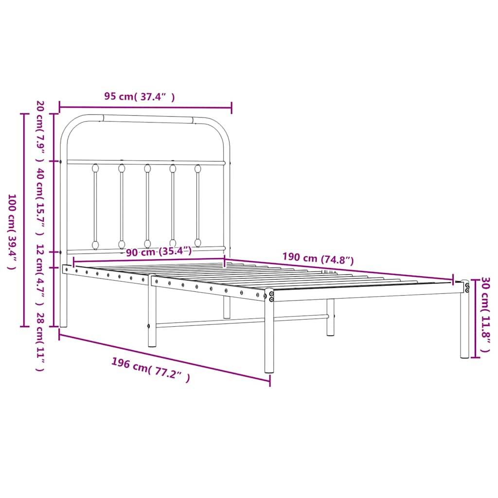 Metal Bed Frame without Mattress with Headboard White 90x190cm