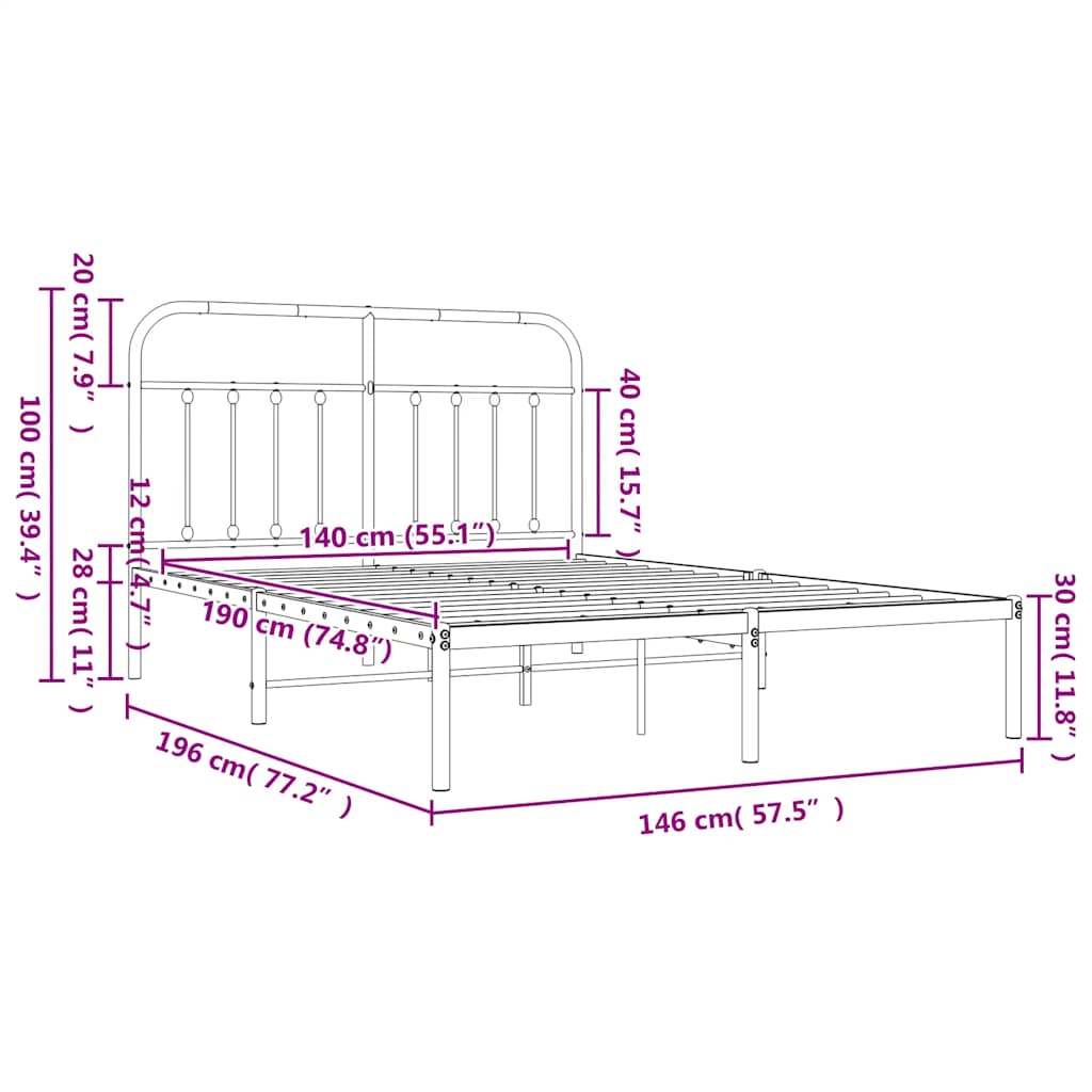 Metal Bed Frame without Mattress with Headboard White 140x190cm