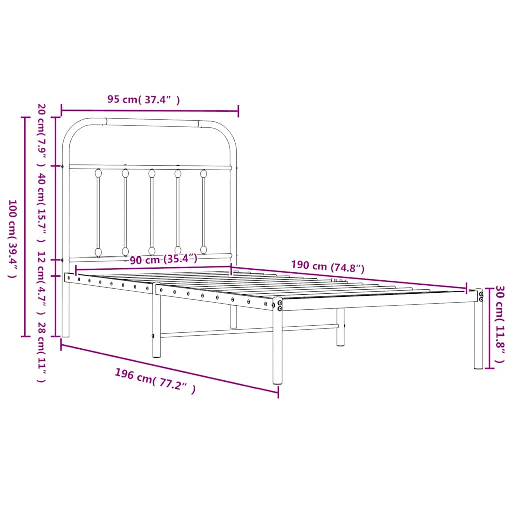 Metal Bed Frame without Mattress with Footboard White 90x190cm