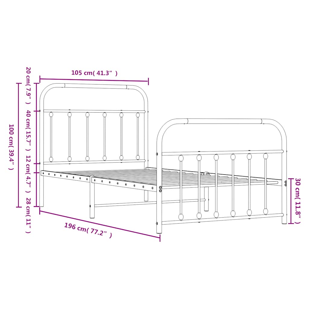 Metal Bed Frame without Mattress with Footboard White 100x190cm