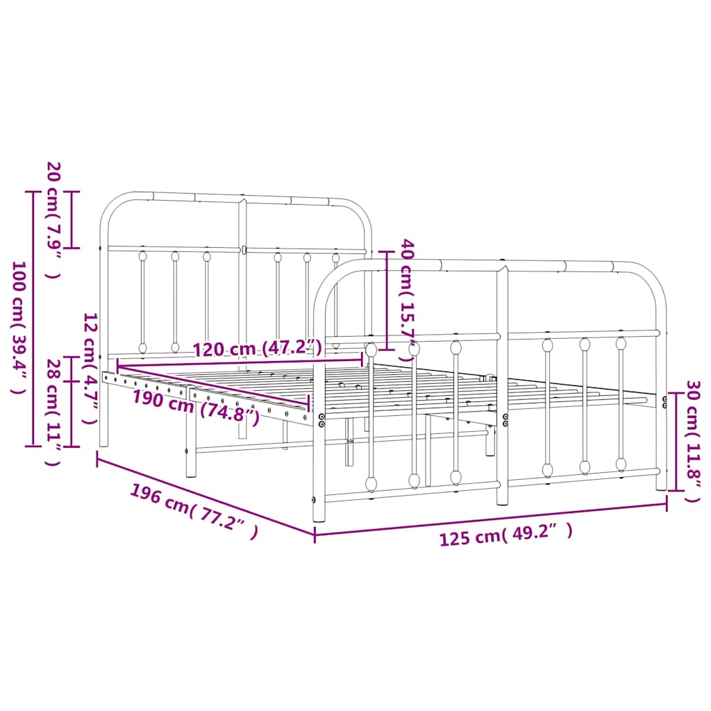 Bed Frame | White | Powder-Coated Steel | 120x190 cm | Bed Frame