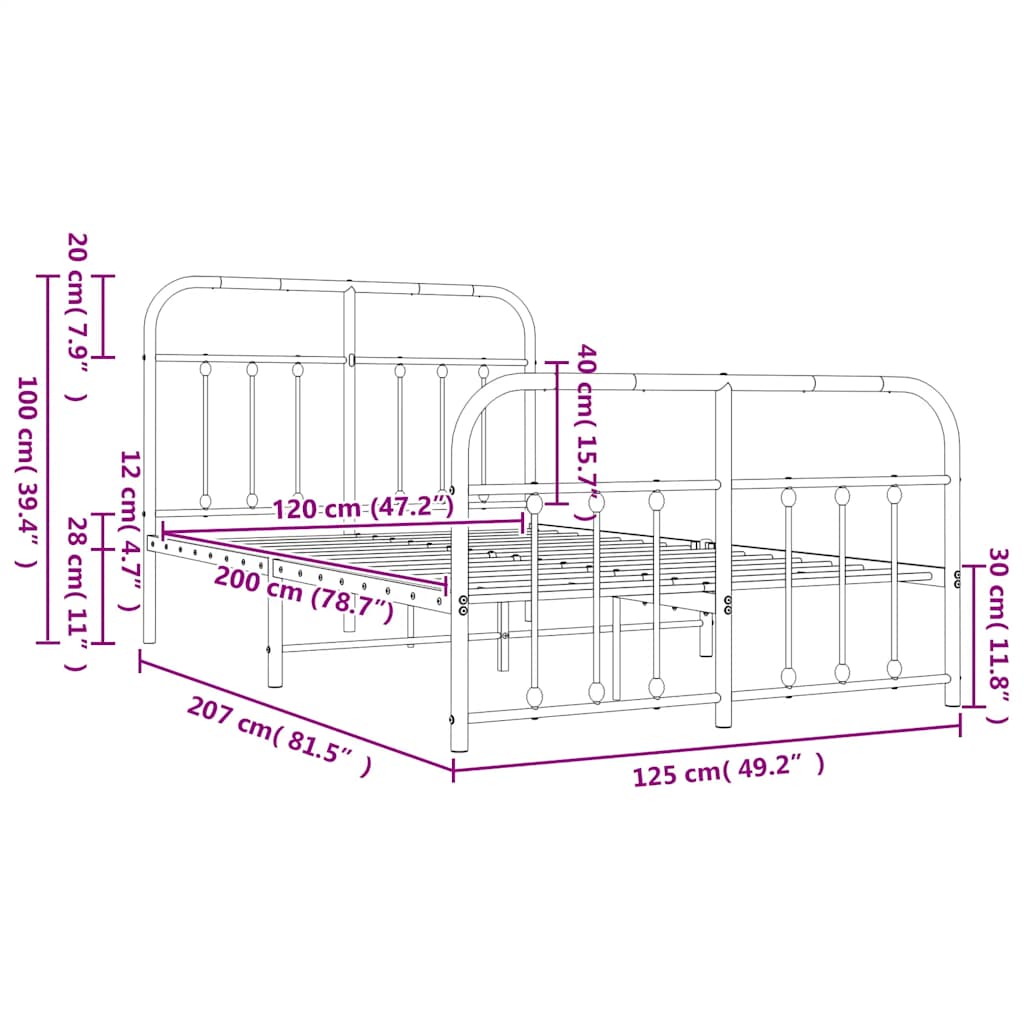 Metal Bed Frame without Mattress with Footboard White 120x200cm